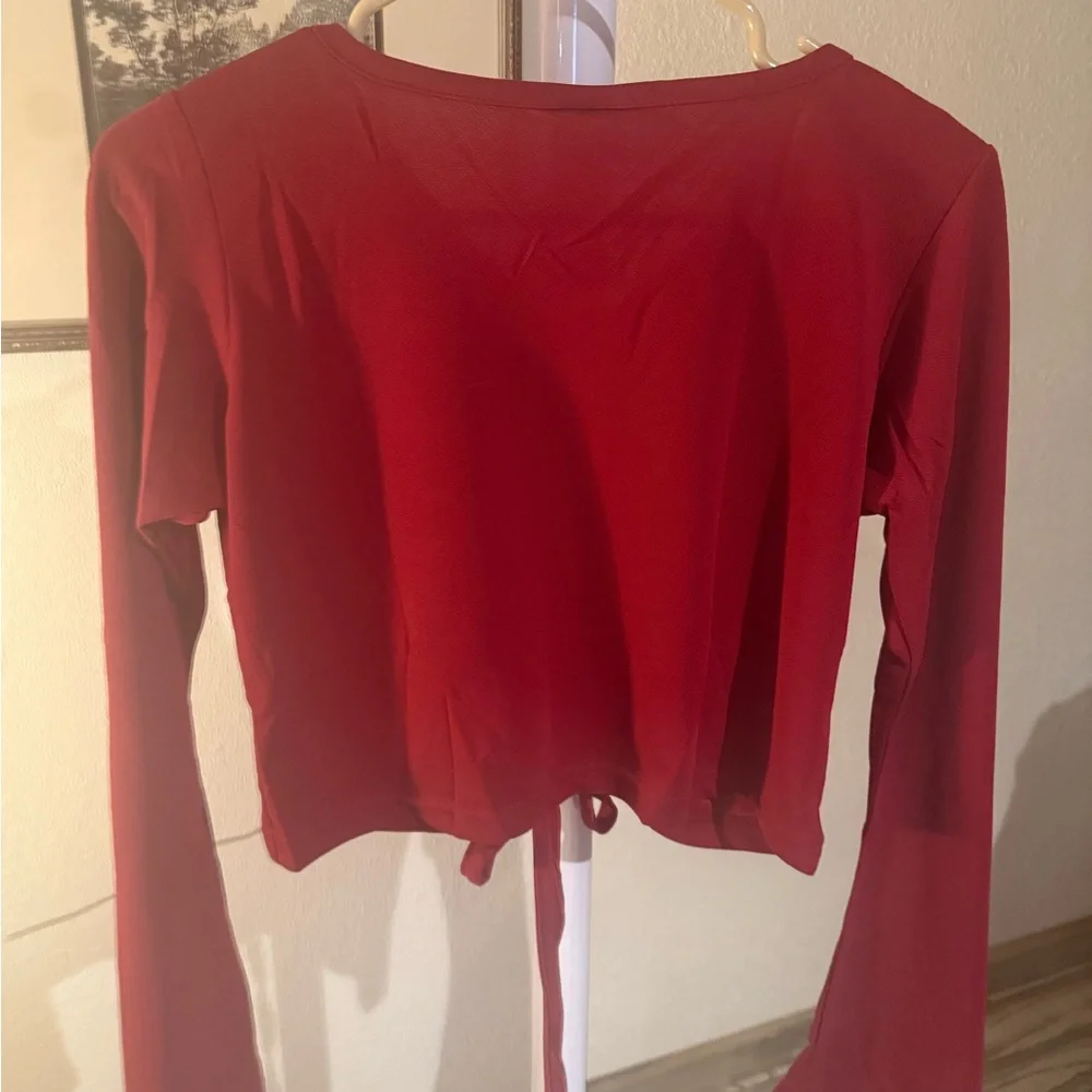 Chic Red V-Neck Ruched Blouse - Picture 2 of 5